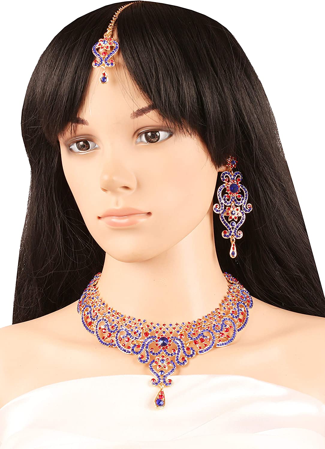 Touchstone Indian Bollywood Gorgeous intricate Workmanship Sparkling White Colorful Rhinestone crystal wedding Designer Jewelry Necklace Set In Gold And Silver Tone For Women. - Image 3